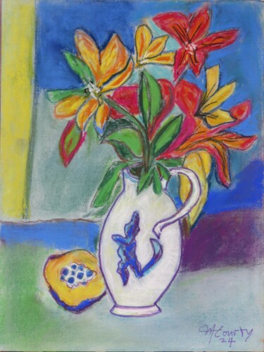 Painting titled "vase fleurs exotiqu…" by Myriam Courty, Original Artwork, Pastel
