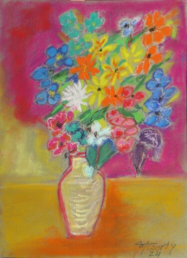 Painting titled "vase fleurs de prin…" by Myriam Courty, Original Artwork, Pastel
