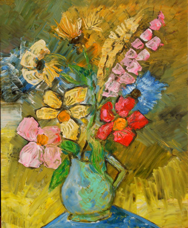 Painting titled "Fleurs dans un pot…" by Myriam Courty, Original Artwork, Oil Mounted on Wood Stretcher frame