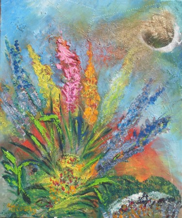 Peinture intitulée "fleurs au clair de…" par Myriam Courty, Œuvre d'art originale, Acrylique Monté sur Châssis en bois
