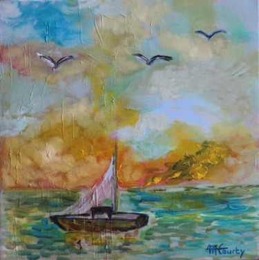 Painting titled "Balade marine" by Myriam Courty, Original Artwork, Oil Mounted on Wood Stretcher frame