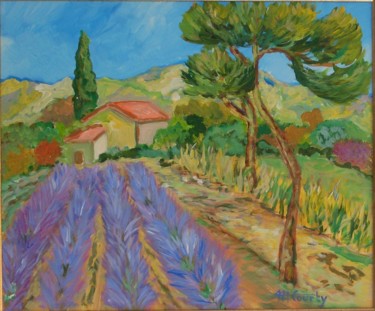 Painting titled "lavande en provence" by Myriam Courty, Original Artwork, Oil Mounted on Wood Stretcher frame