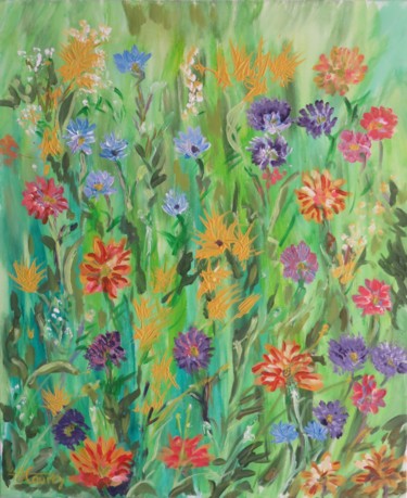 Pintura titulada "Prairie fleurie" por Myriam Courty, Obra de arte original, Acrílico Montado en Bastidor de camilla de made…