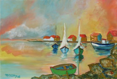 Schilderij getiteld "Port Breton" door Myriam Courty, Origineel Kunstwerk, Acryl Gemonteerd op Frame voor houten brancard