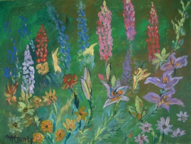 Painting titled "Lupins" by Myriam Courty, Original Artwork, Acrylic Mounted on Wood Stretcher frame