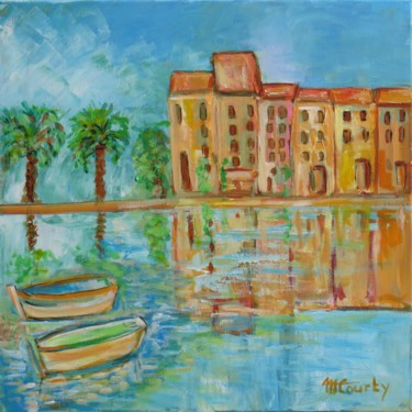 Schilderij getiteld "Port provencal" door Myriam Courty, Origineel Kunstwerk, Acryl Gemonteerd op Frame voor houten brancard