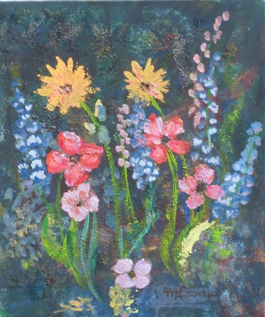 Painting titled "Delphinium" by Myriam Courty, Original Artwork, Acrylic Mounted on Wood Stretcher frame