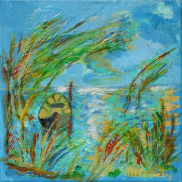 Pintura titulada "Barque dans les ros…" por Myriam Courty, Obra de arte original, Acrílico Montado en Bastidor de camilla de…