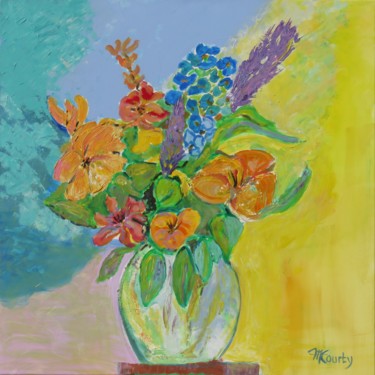 Painting titled "Bouquet orange et b…" by Myriam Courty, Original Artwork, Acrylic Mounted on Wood Stretcher frame