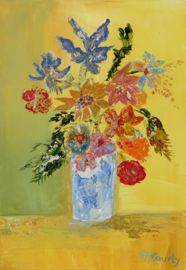 Pintura titulada "Fleurs dans un vase…" por Myriam Courty, Obra de arte original, Acrílico Montado en Cartulina