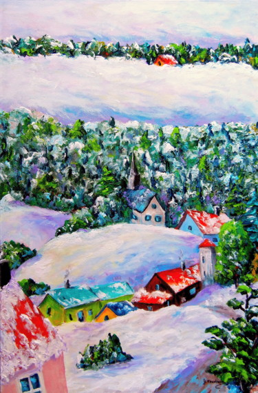 Peinture intitulée "Village enneigés I…" par Jean Cousineau, Œuvre d'art originale, Acrylique
