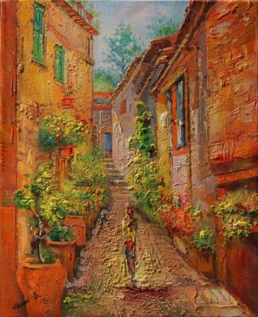 Peinture intitulée "La rue du petit vil…" par Cousteau, Œuvre d'art originale