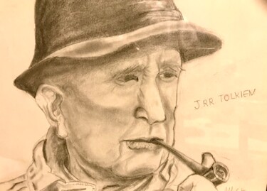 Painting titled "J.R.R.Tolkien" by Covadonga Tapia De Casariego, Original Artwork, Pencil Mounted on Wood Panel