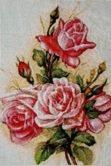 Textile Art titled "Roses" by Cozy Corner, Original Artwork, Embroidery Mounted on Wood Stretcher frame