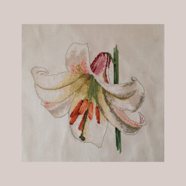 Textile Art titled "Spring Lily" by Cozy Corner, Original Artwork, Embroidery Mounted on Wood Stretcher frame