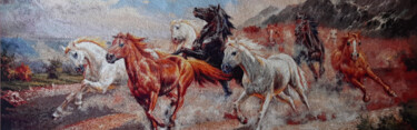 Textile Art titled "Horses" by Cozy Corner, Original Artwork, Embroidery Mounted on Wood Stretcher frame