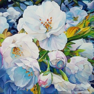 Painting titled "Prunus bleus" by Christian Pelletier, Original Artwork, Oil