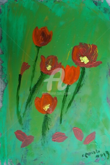 Painting titled "Coquelicots dispers…" by Colette Pennarun, Original Artwork, Oil