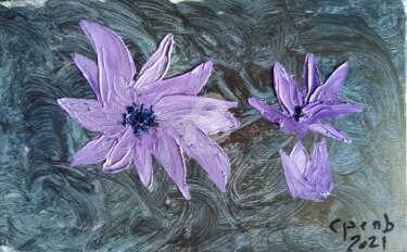 Schilderij getiteld "Trio de Fleurs Parme" door Colette Pennarun, Origineel Kunstwerk, Olie