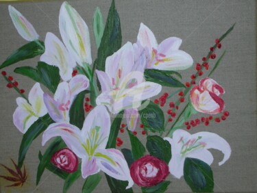 Painting titled "Bouquet de Lys" by Colette Pennarun, Original Artwork, Oil Mounted on Wood Stretcher frame