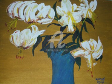 Painting titled "Lys sur Fond Jaune…" by Colette Pennarun, Original Artwork, Oil