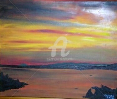 Painting titled "Sunrise over Etang…" by Colette Pennarun, Original Artwork, Oil
