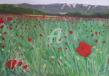 Painting titled "Poppy field of W Hi…" by Roachie - The Gallipoli Artist, Original Artwork, Acrylic