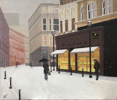 Ζωγραφική με τίτλο "Snowfall Over London" από Craig Willms, Αυθεντικά έργα τέχνης, Ακρυλικό Τοποθετήθηκε στο Ξύλινο πάνελ