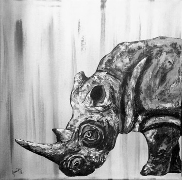 Malarstwo zatytułowany „Rhinocéros” autorstwa Jennifer Létourneau, Oryginalna praca, Akryl Zamontowany na Drewniana rama nos…