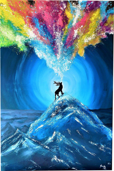 Pittura intitolato "Cerf multicolore" da Jennifer Létourneau, Opera d'arte originale, Acrilico Montato su Telaio per barella…