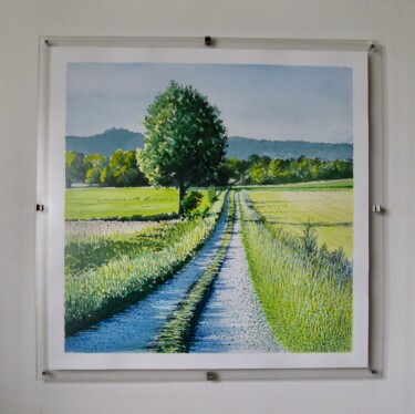Painting titled "Le chemin" by Paul Giaume, Original Artwork, Watercolor Mounted on Wood Stretcher frame