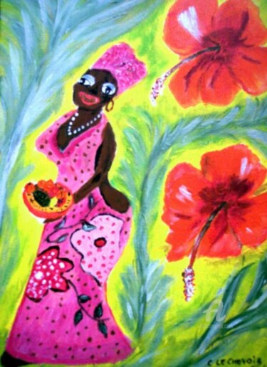 Peinture intitulée "femme aux ibiscus" par Crilamb, Œuvre d'art originale, Huile