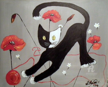 Peinture intitulée "369-chat-tricotteur…" par Crilamb, Œuvre d'art originale
