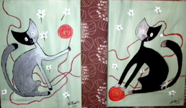 Peinture intitulée "376-duo-chats-fil-r…" par Crilamb, Œuvre d'art originale