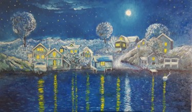 Painting titled "Starry night" by Kiko Cristoni, Original Artwork, Oil Mounted on Wood Panel