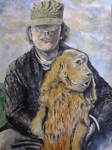 Pittura intitolato "Papa' e il cane" da Kiko Cristoni, Opera d'arte originale, Acquarello