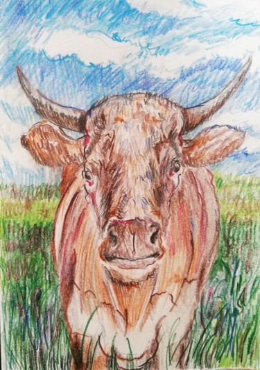 Drawing titled "Brother Bull" by Kiko Cristoni, Original Artwork, Conté Mounted on Wood Panel