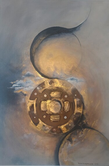 Коллажи под названием "Disque solaire" - Van Der Steene, Подлинное произведение искусства, Масло Установлен на Деревянная ра…