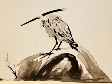 Painting titled "Japanese Heron" by Cristina Barbato, Original Artwork, Ink