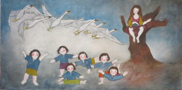 Pittura intitolato "I sei cigni" da Cristina Conticelli, Opera d'arte originale, Acquarello Montato su Pannello di legno