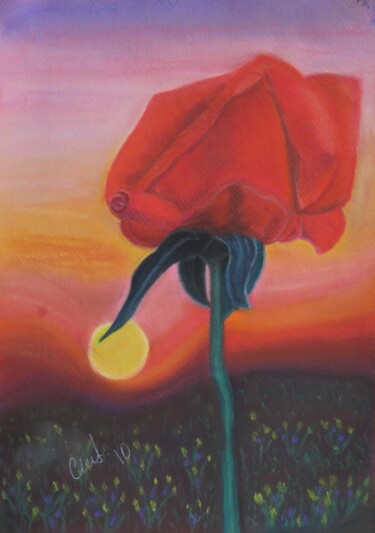Pintura titulada "A rosa e o pôr de s…" por Cristina Teixeira, Obra de arte original, Pastel