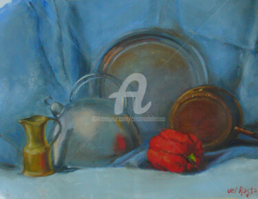 Painting titled "Metales y pimiento…" by Cristina Del Rosso, Original Artwork, Oil