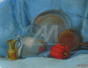 Painting titled "Metales y pimiento…" by Cristina Del Rosso, Original Artwork, Oil