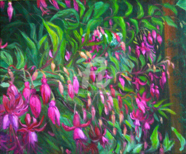 Painting titled "Fucsias en el porch…" by Cristina Del Rosso, Original Artwork, Oil