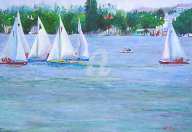 Malerei mit dem Titel "Veleros en el río/…" von Cristina Del Rosso, Original-Kunstwerk, Öl