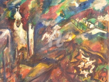 Painting titled "Paisaje con capilla…" by Cristina Vidal, Original Artwork