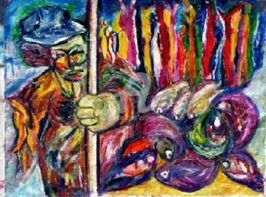 Painting titled "Pescador y pescados…" by Cristina Vidal, Original Artwork