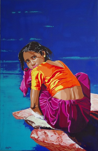 Schilderij getiteld "jeune femme indoue" door Christelle Vaesken, Origineel Kunstwerk, Acryl