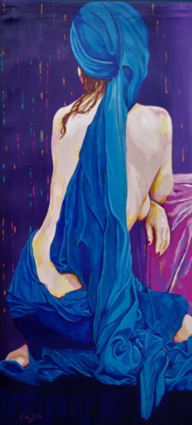Painting titled "drapé bleu" by Christelle Vaesken, Original Artwork, Acrylic