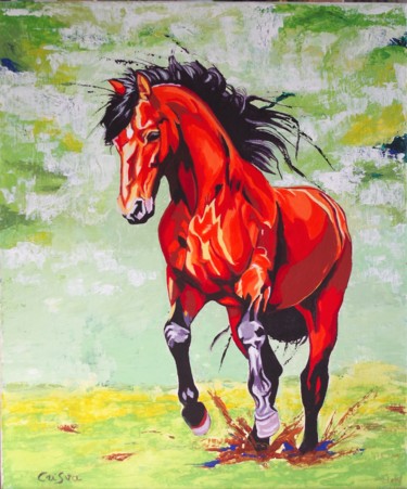 Schilderij getiteld "cheval ecarlate" door Christelle Vaesken, Origineel Kunstwerk, Acryl